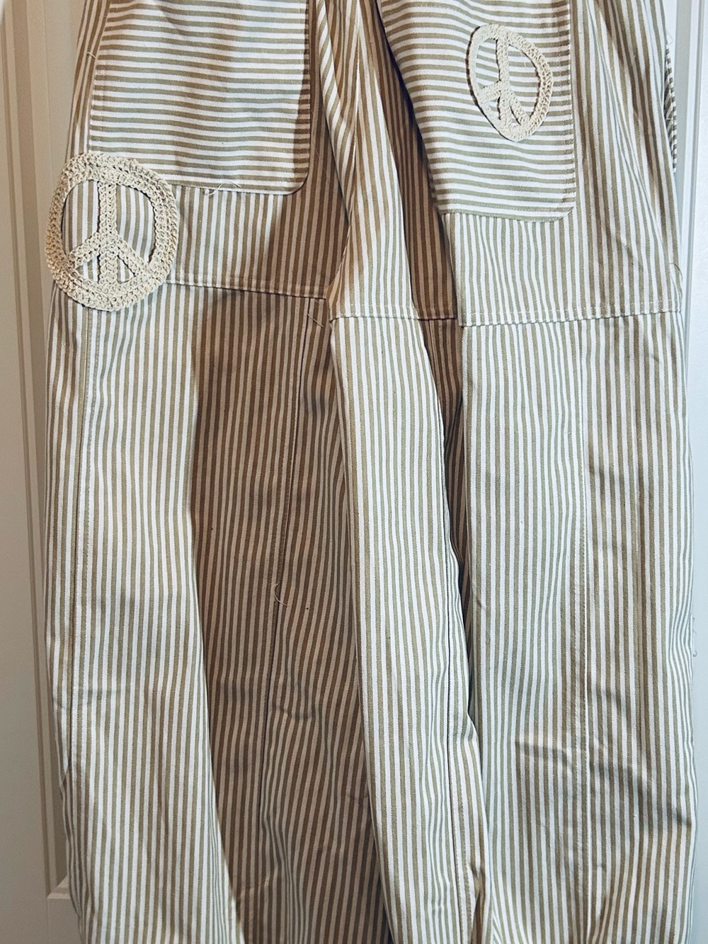 DAVI & DANI Taupe and White Striped Wide-Leg Peace Patch Pants - Picture 8 of 10